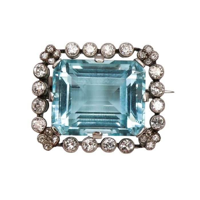 Vintage Aquamarine Diamond and Platinum Cluster Brooch, Circa 1930
