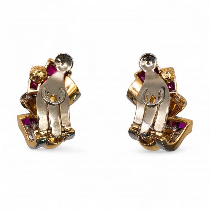 Vintage Burma Ruby Diamond and Gold Earrings, Circa 1940