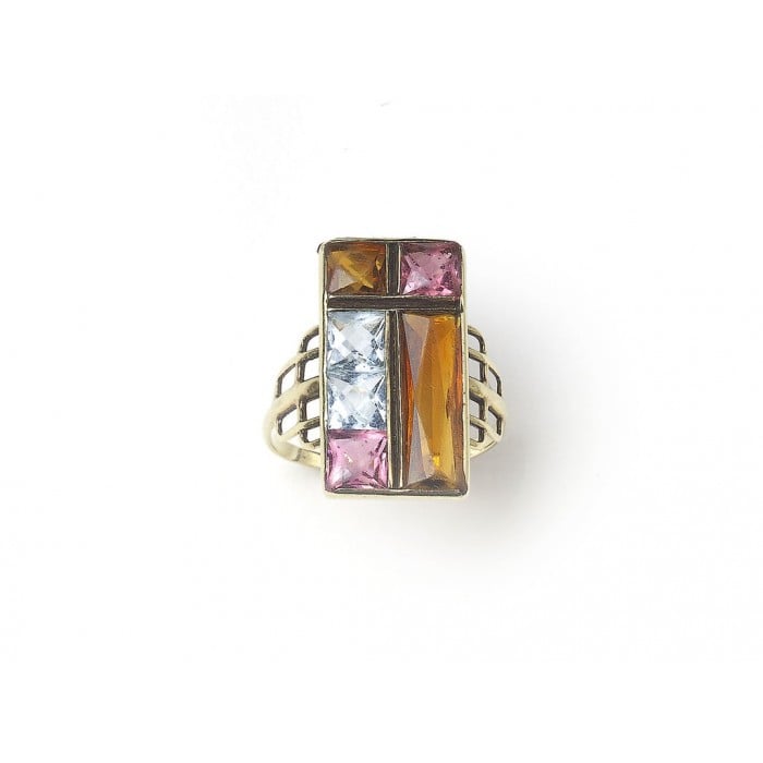 Vintage Citrine Aquamarine Pink Tourmaline and Gold Multi Gem Ring, Circa 1975
