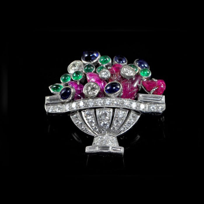 Vintage Diamond Ruby Sapphire Emerald and White Gold Jardiniére Brooch, Circa 1960