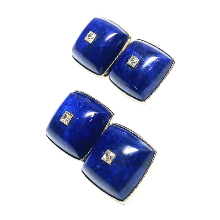 A pair of lapis lazuli and diamond domed cufflinks in white gold