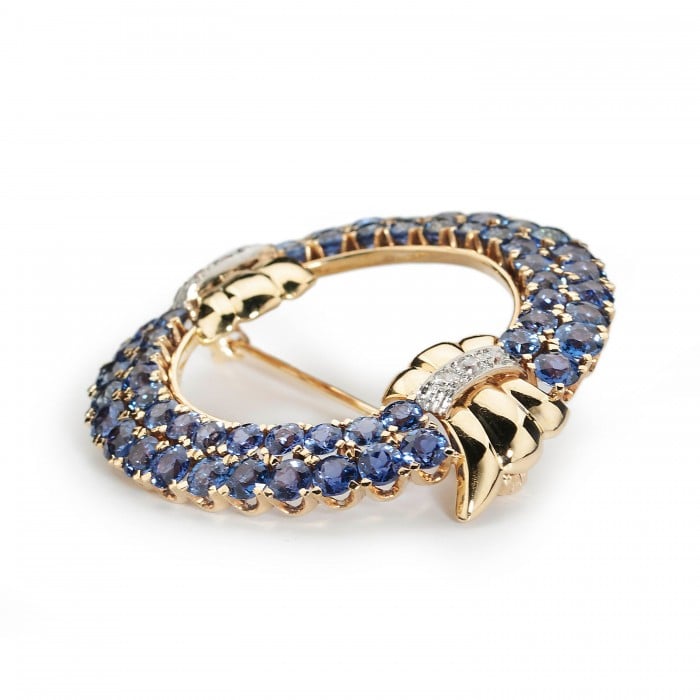 Vintage Montana Sapphire, Diamond and Gold Brooch, Circa 1950