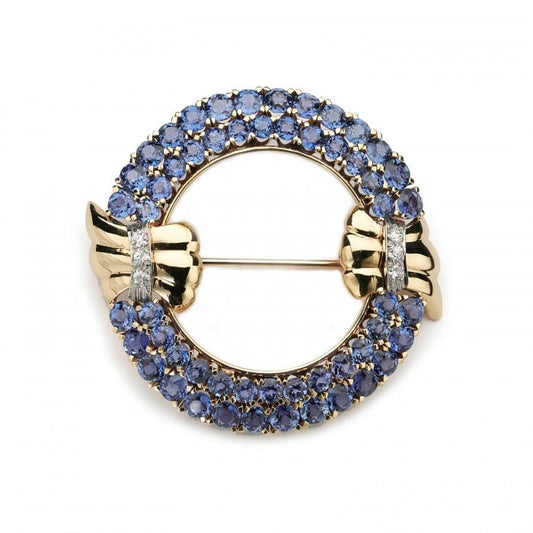 Vintage Montana Sapphire, Diamond and Gold Brooch, Circa 1950