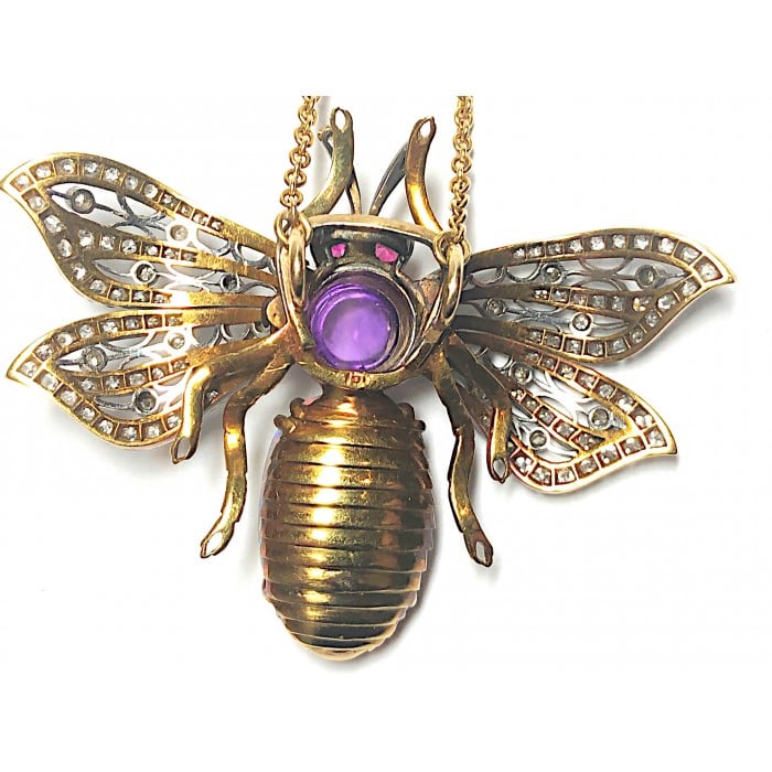 Vintage Opal, Diamond Amethyst and Gold Bee Pendant