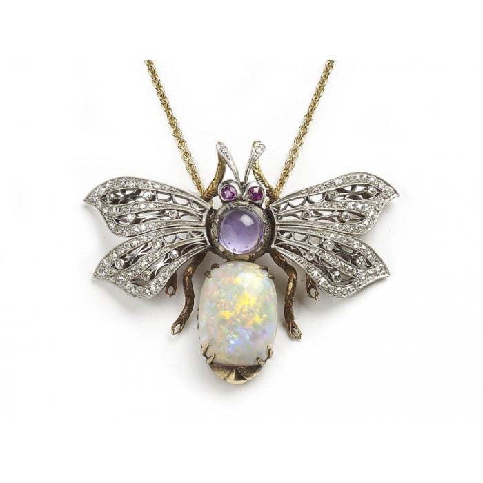 Vintage Opal, Diamond Amethyst and Gold Bee Pendant