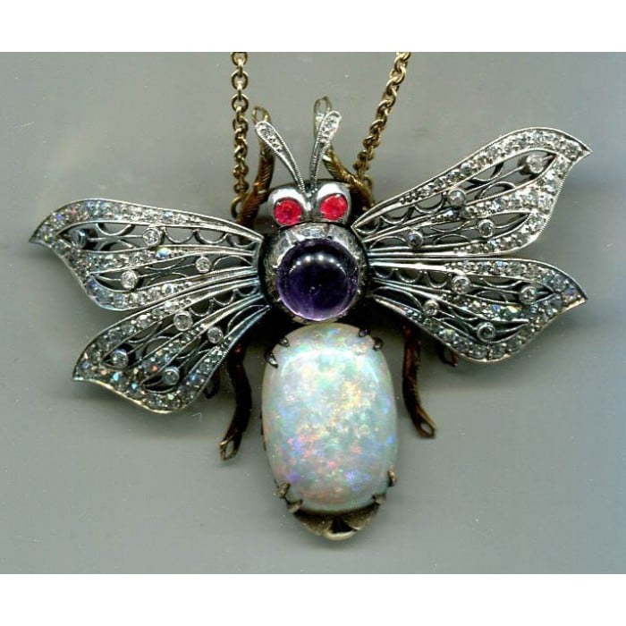 Vintage Opal, Diamond Amethyst and Gold Bee Pendant