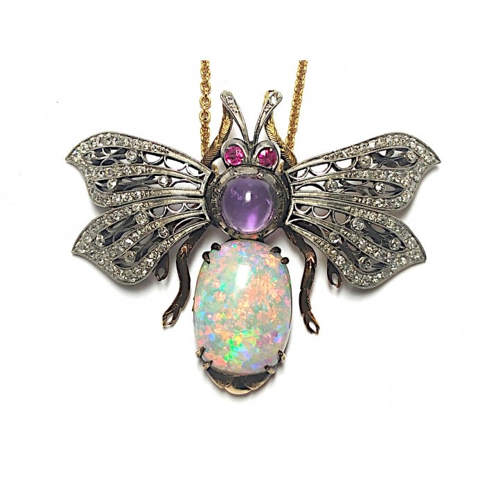 Vintage Opal, Diamond Amethyst and Gold Bee Pendant