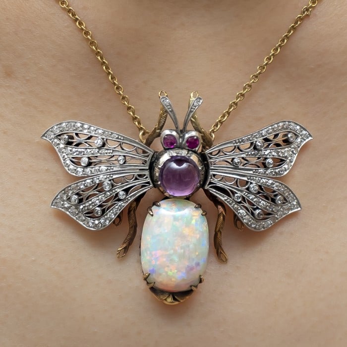 Vintage Opal, Diamond Amethyst and Gold Bee Pendant
