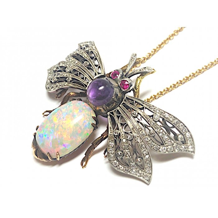 Vintage Opal, Diamond Amethyst and Gold Bee Pendant