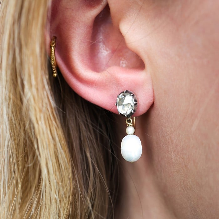 Vintage Rose Cut Diamond Pearl Silver and Gold Earrings, Circa 1936