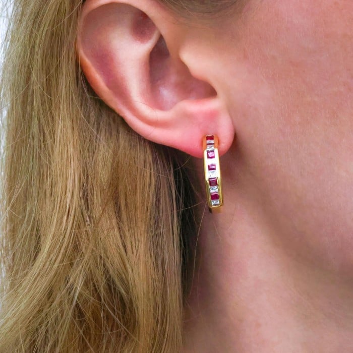Vintage Ruby Diamond and Gold Channel Set Earrings, 1995