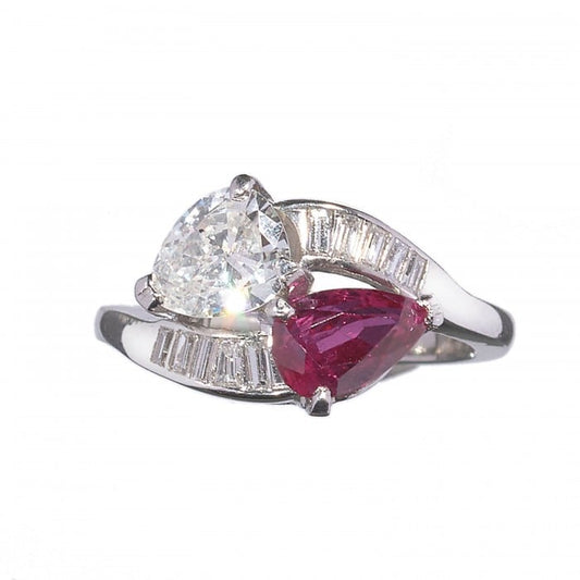 Vintage Ruby Diamond and Platinum Crossover Ring, Circa 1950