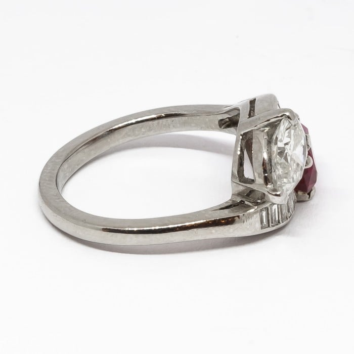 Vintage Ruby Diamond and Platinum Crossover Ring, Circa 1950