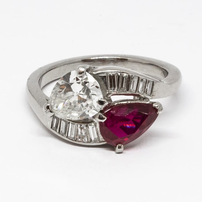 Vintage Ruby Diamond and Platinum Crossover Ring, Circa 1950