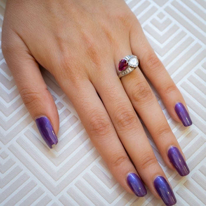 Vintage Ruby Diamond and Platinum Crossover Ring, Circa 1950