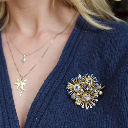 Vintage Sapphire, Diamond and Gold Brooch, Circa 1960