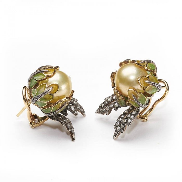 Yellow South Sea Pearl Plique à Jour Enamel and Gold Flower Bud Earrings
