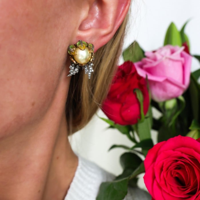 Yellow South Sea Pearl Plique à Jour Enamel and Gold Flower Bud Earrings