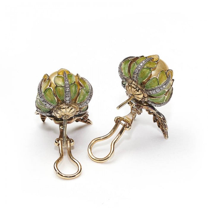 Yellow South Sea Pearl Plique à Jour Enamel and Gold Flower Bud Earrings