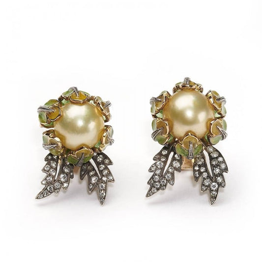 Yellow South Sea Pearl Plique à Jour Enamel and Gold Flower Bud Earrings