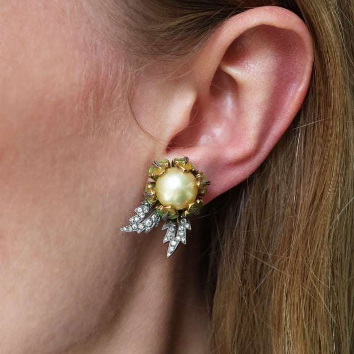 Yellow South Sea Pearl Plique à Jour Enamel and Gold Flower Bud Earrings